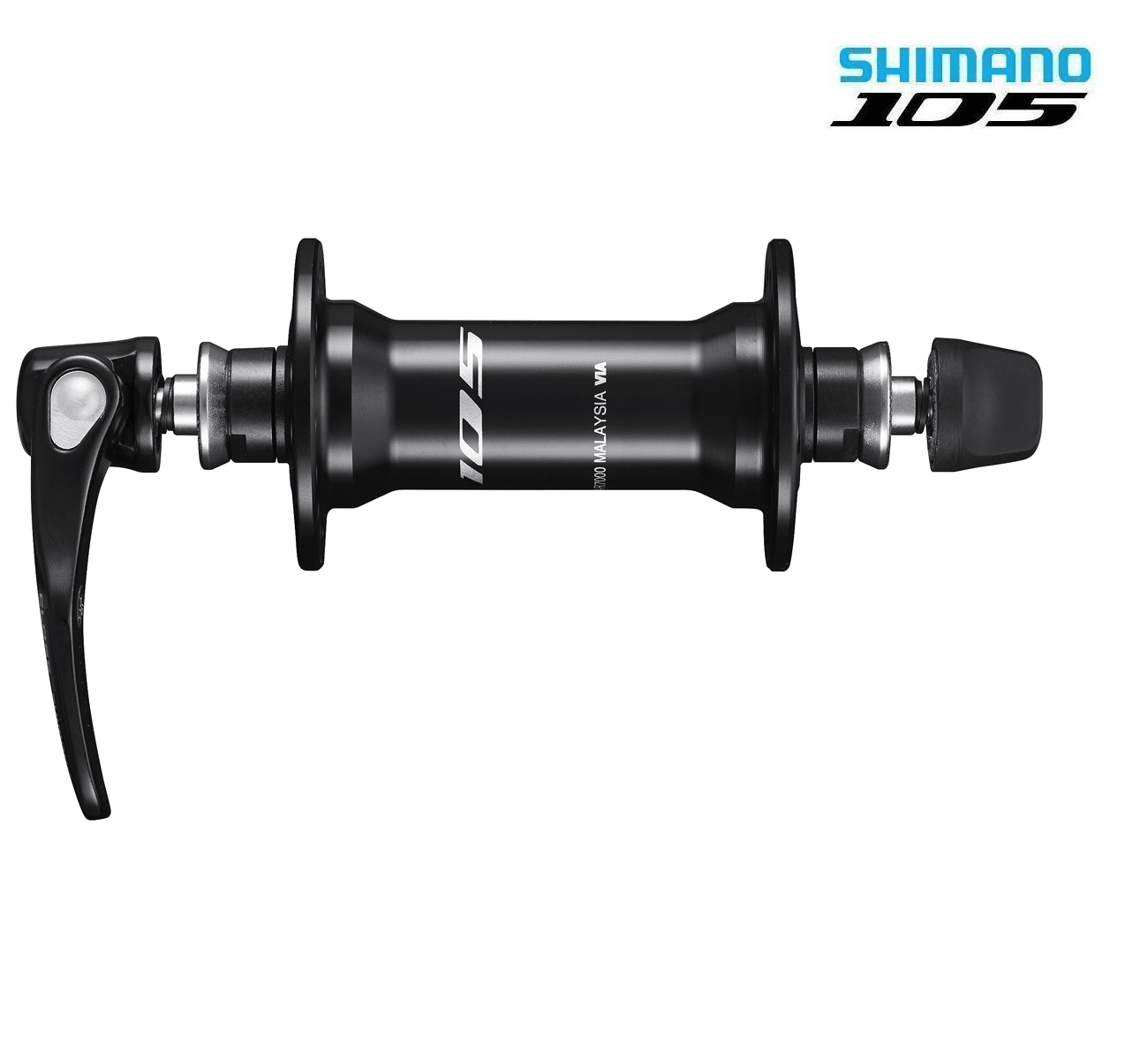 shimano-7000-105-nav.png Svart Shimano 105 HB-R7000 framnav visas i detalj, med fokus på dess mekaniska komponenter och den distinkta logotypen. Bilden framhävs av skarpt ljus och en ren, vit bakgrund.