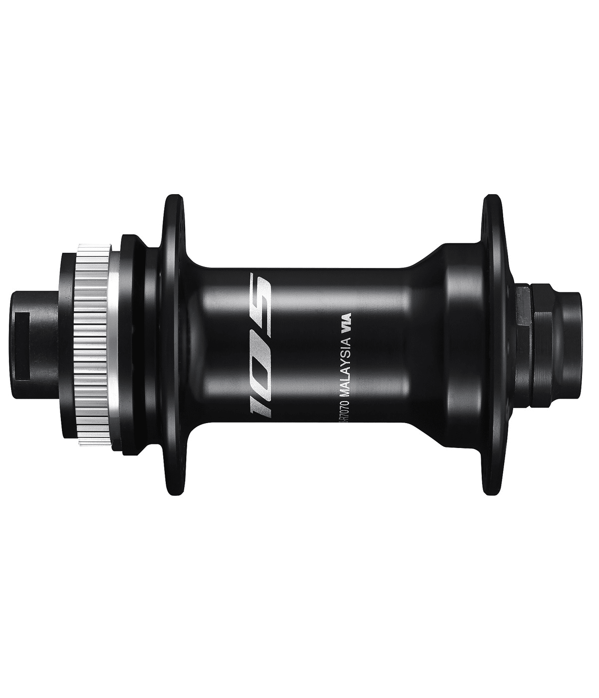 shimano-7070-nav-svart.png Svart Shimano 105 HB-R7070 framnav i detalj, med silverfärgade räfflor och "105" text. Studioljus framhäver materialens kvalitet och formen. Perfekt för "Framnav Shimano 105 HB-R7070, 10x100".