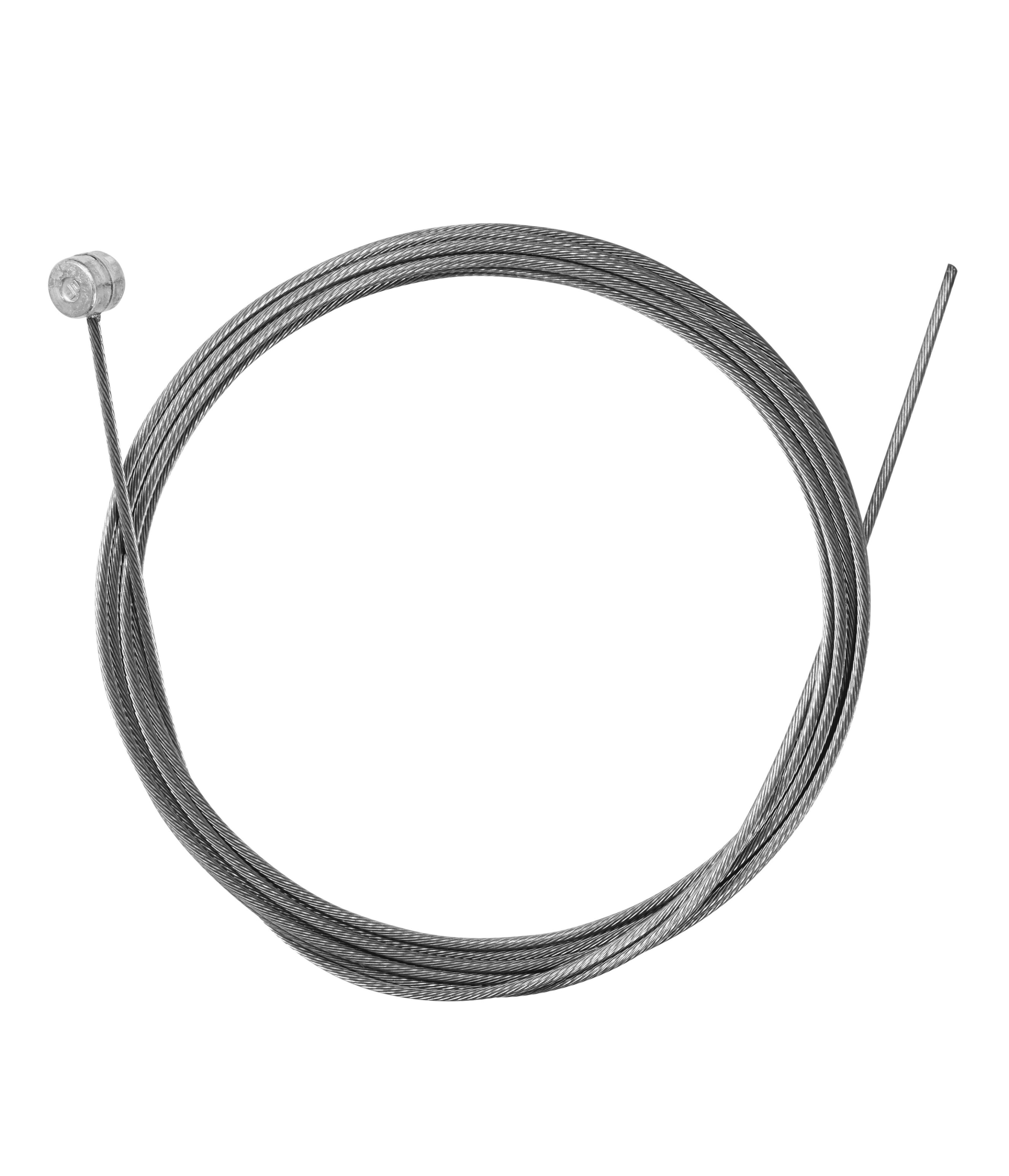 shimano-bromsvajer.png En rostfri bromsvajer från Shimano MTB/sport ligger i en cirkel mot en vit bakgrund. Vajern har en nippel i ena änden och är obeklädd. Belysningen är jämn och detaljrik.