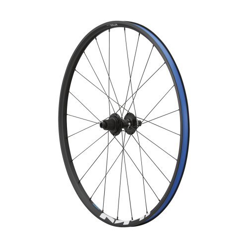 Ett Shimano WH-MT501 TL Boost CL Disc 29-tums bakhjul visas mot en vit bakgrund. Hjulet har en distinkt blå rand på fälgen, svarta ekrar och ett Shimano-nav i mitten.