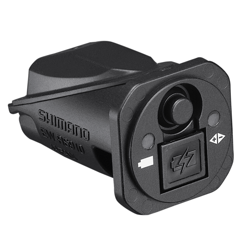 En svart Shimano EW-RS910 Di2 kopplingsbox i detalj. Den matta plasten fångar ljuset mjukt och framhäver knapparna för batteri och justering.