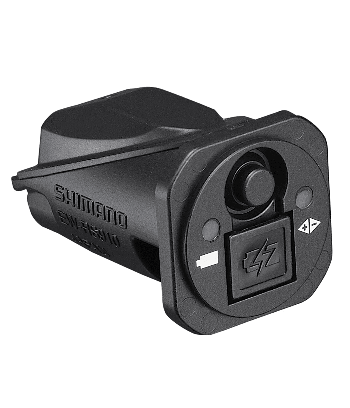 shimano-junction-a.png En svart Shimano EW-RS910 Di2 kopplingsbox i detalj. Den matta plasten fångar ljuset mjukt och framhäver knapparna för batteri och justering.