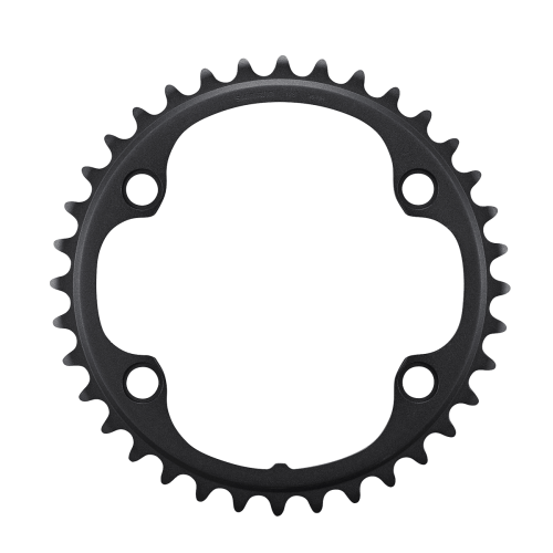 Ett detaljerat, svart Shimano Ultegra FC-R8100 framdrev med 36 tänder mot en ren vit bakgrund. Ljuset framhäver detaljerna och den matta ytan på drevet.