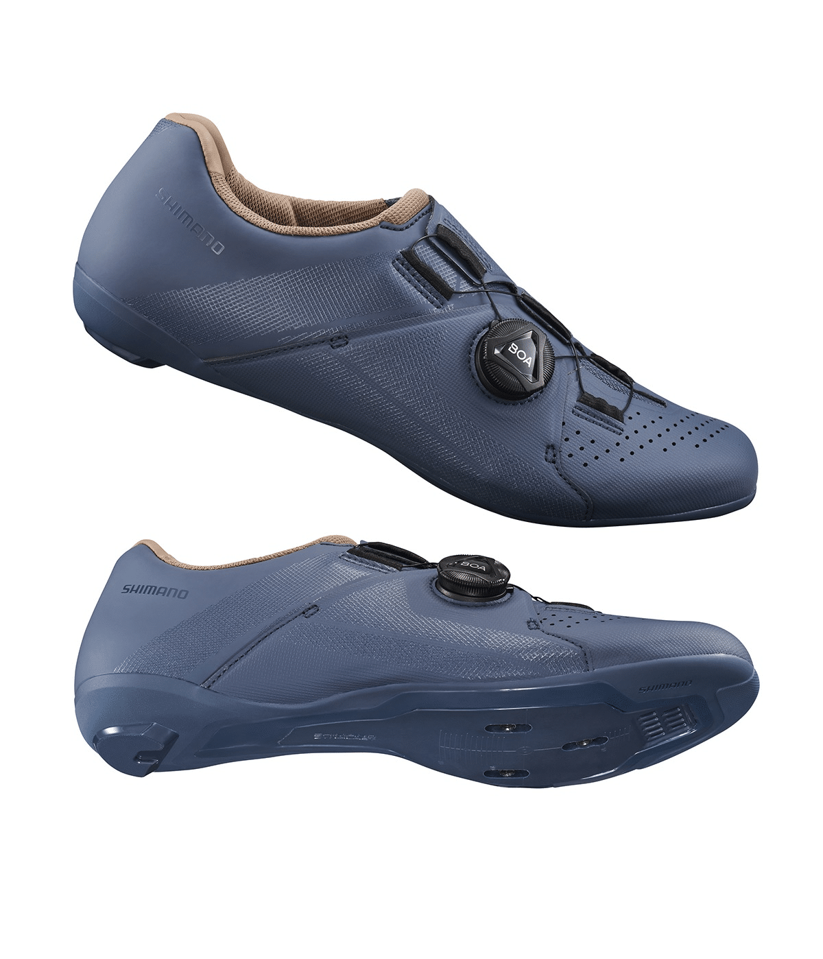 shimano-landsvagsskor-rc300.png Två Shimano RC300 Landsväg Dam landsvägscykelskor i blått visas från olika vinklar