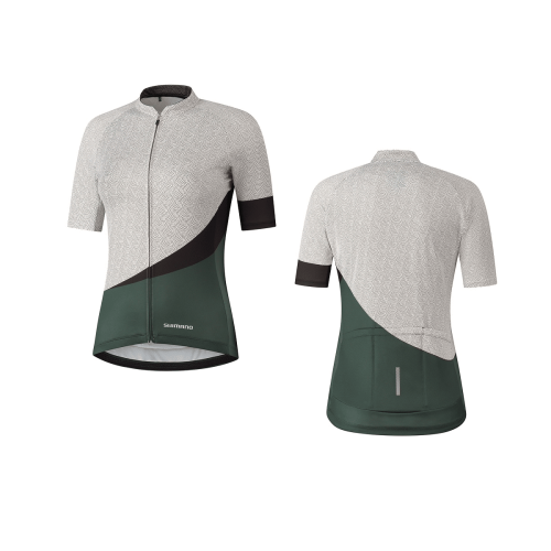 Fram- och baksida av Shimano Mizuki Jersey, en kortärmad cykeltröja med ljusgrå axlar och ärmar, mörkgrönt understycke, svart diagonal accent, hel dragkedja framtill och Shimano-logotypen på framsidan.