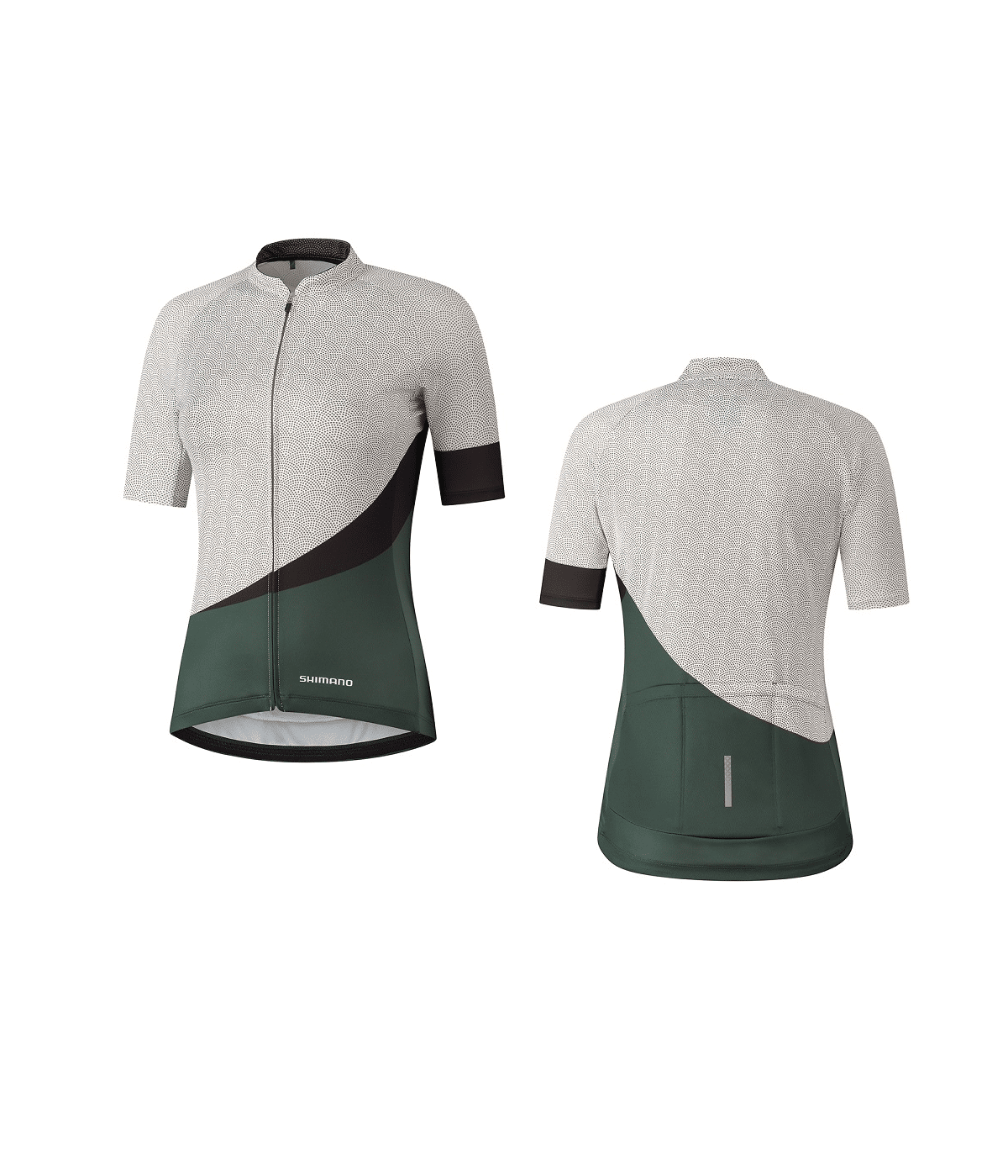 shimano-mizuki-jersey.png Fram- och baksida av Shimano Mizuki Jersey, en kortärmad cykeltröja med ljusgrå axlar och ärmar, mörkgrönt understycke, svart diagonal accent, hel dragkedja framtill och Shimano-logotypen på framsidan.