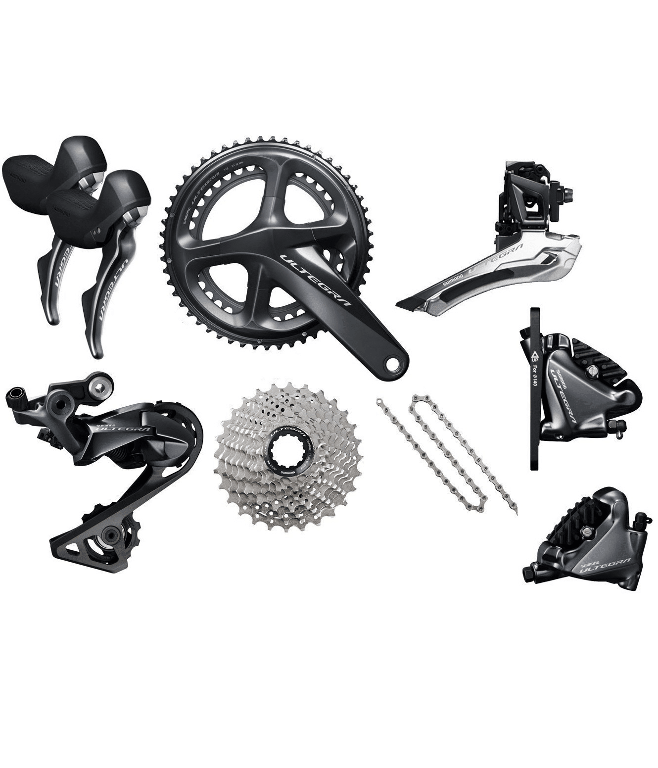 shimano-ultegra-di2-8020-grupp-1.png Närbild på en Shimano Ultegra R8020 2x11-växlad grupp. Komponenterna är väl belysta och isolerade på en vit bakgrund, vilket framhäver detaljerna och den moderna designen.