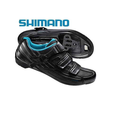 Ett par Landsvägssko Shimano SH-RP3 svart dam cykelskor med blått innerfoder