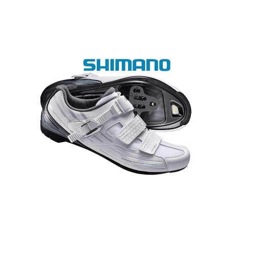 Shimano-logotypen visas ovanför ett par vita Landsvägssko Shimano SH-RP3 Dam cykelskor, en upprätt och en på sidan för att visa sulan med fästpunkter för klossar.
