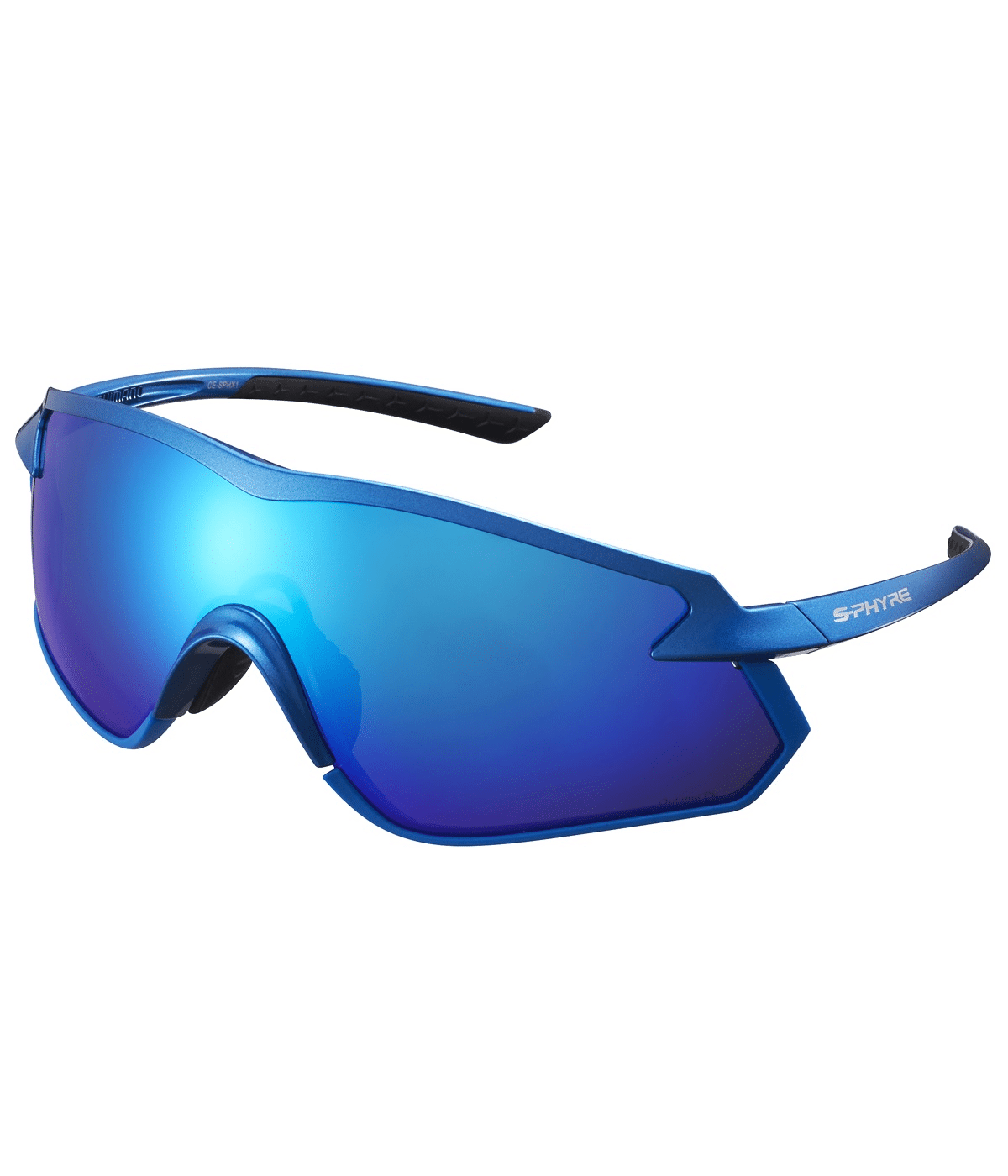shimano.sphyre.glasogon.bla_.png Ett par blå Shimano S-Phyre X sportsolglasögon med ett enda omslutande spegellins, kantig plastram och "S-PHYRE"-märke på armen nära skalmen.