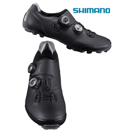 Ett par svarta MTB-sko SH-XC901 S-Phyre Shimano cykelskor med två rattar per sko