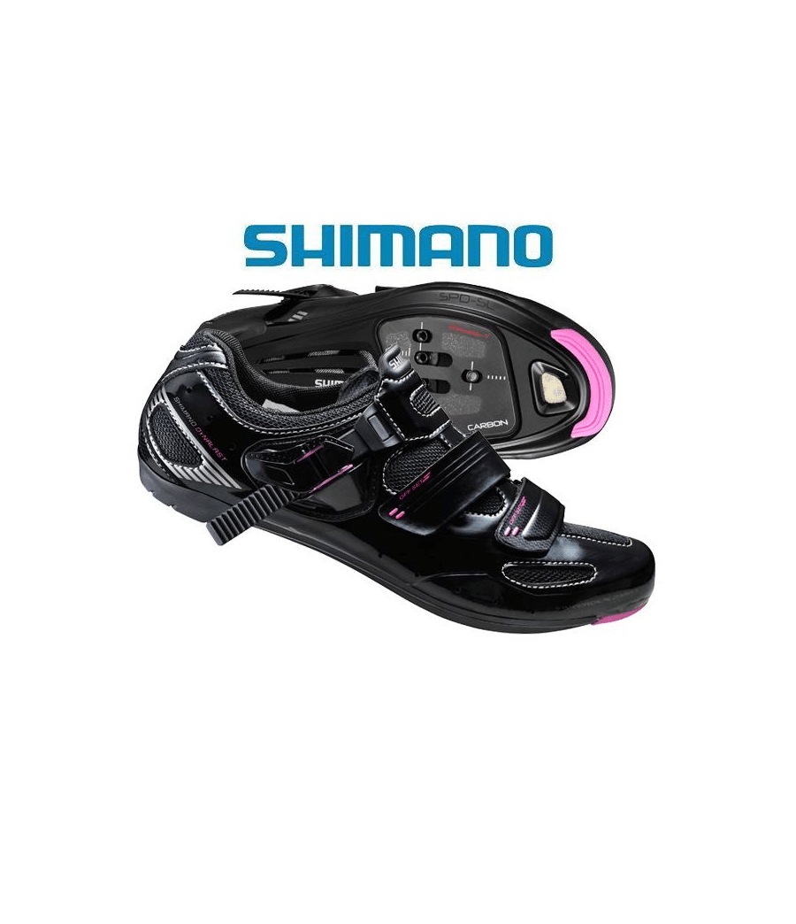 shimano.wr62.dam_.svart_.png Ett par Shimano SH-WR62 Dam svarta cykelskor med rosa detaljer