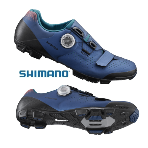 MTB-sko Shimano XC501 i dammodell blå visas från sidan och undersidan
