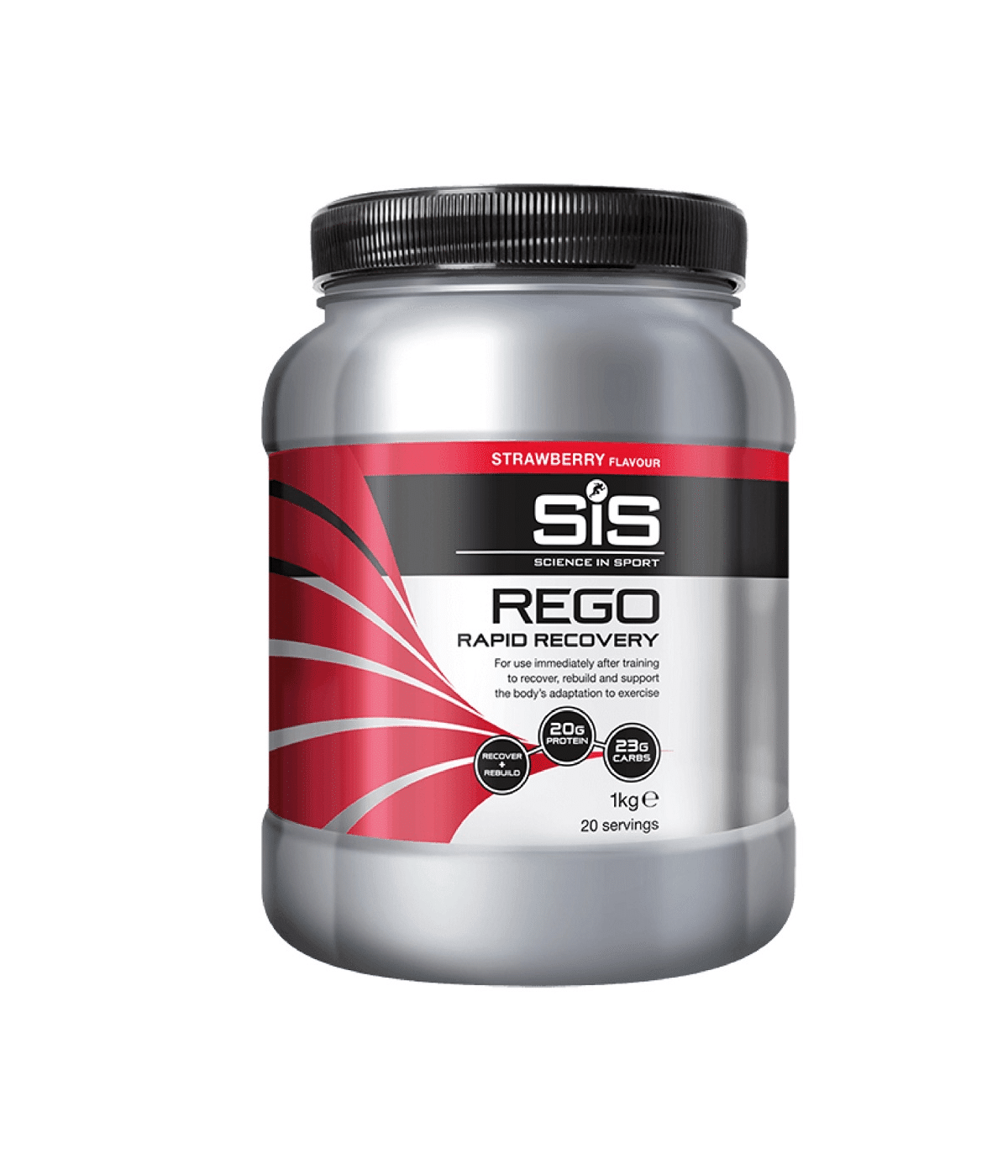 sis-jordgubb-recovery.png En 1 kg tub med Återhämtningsdryck SiS Rego Rapid Recovery, smak Jordgubb, har en silverfärgad behållare med svart lock och röd, svart och vit design; framhäver protein- och kolhydratinnehåll och innehåller 20 portioner.