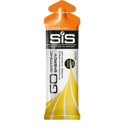 En 60 ml SiS GO Isotonic Energy Gel apelsinpåse, i silver, svart och orange med SiS logotyp och produktinformation, står upprätt. Den ger snabb energi med apelsinsmak och utan behov av vatten.
