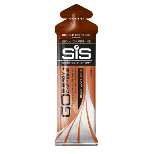 En SiS GO Energy + Koffein Gel Dubbel Espresso-påse med 150 mg koffein står upprätt mot en vit bakgrund. Förpackningen på 60 ml har färgerna brun, silver och svart.