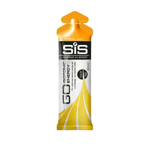 En enda SiS GO Isotonic Energy Gel Tropical i ett gult och vitt paket står upprätt mot en vit bakgrund och visar produktnamnet och informationen i svartvit text.
