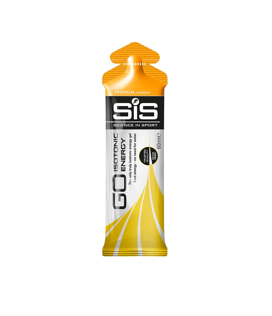 sis.go_.isotonic.gel_.tropical.png En enda SiS GO Isotonic Energy Gel Tropical i ett gult och vitt paket står upprätt mot en vit bakgrund och visar produktnamnet och informationen i svartvit text.