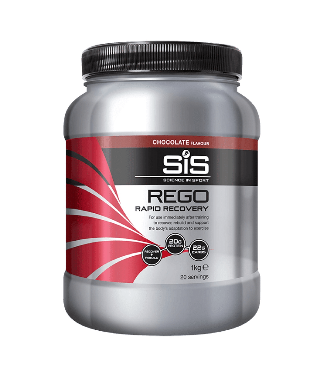 sis.rapid_.recovery.choklad.png En 1 kg behållare med SiS Rego Rapid Recovery Choklad, chokladsmak, med svart lock och röd, svart och silverfärgad etikett med produktinformation och näringsinformation.