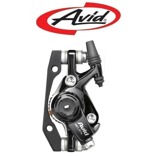 Svart Avid BB7-S MTB mekaniskt skivbromsok med silvriga detaljer, belyst för att framhäva dess konstruktion och precision. Logotypen syns tydligt ovanför bromsoket.