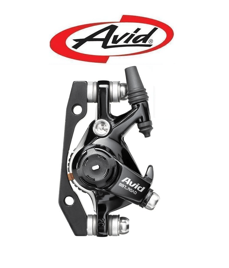 skivbromsok-avid-bb7-s-road-mekanisk.png En detaljerad bild av ett Avid BB7-S Road mekaniskt skivbromsok, mot en ren, vit bakgrund. Fokuset ligger på bromsens komplexa mekanik och polerade, svarta yta, accentuerat av starkt ljus.
