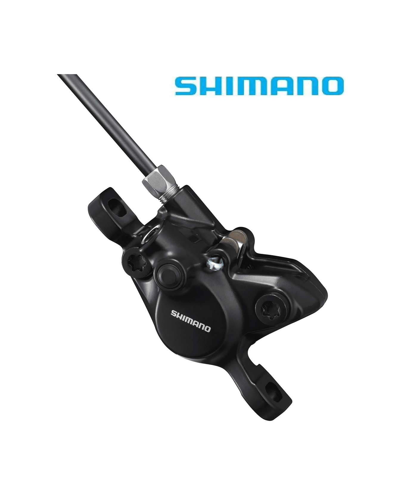 skivbromsok-shimano-br-mt200.png Närbild av ett svart Shimano BR-MT200 skivbromsok mot en vit bakgrund. Detaljerad bild med fokus på okets konstruktion och Shimano-logotypen. God belysning framhäver produktens form och textur.