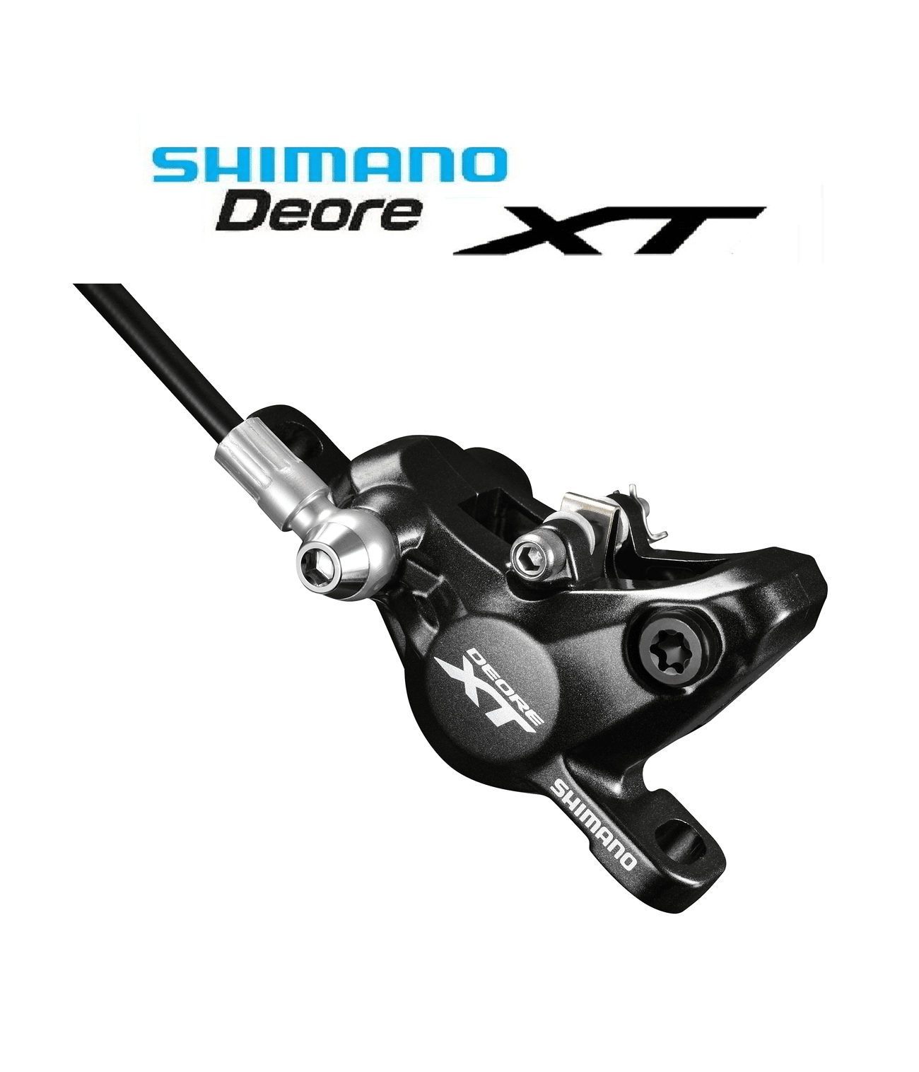 skivbromsok-shimano-xt-br-m8000.png Närbild av Shimano XT BR-M8100 skivbromsok i svart metall, med detaljerad textur och tydliga skruvar. Ovanför syns Shimano Deore XT logotypen mot en ljus bakgrund.