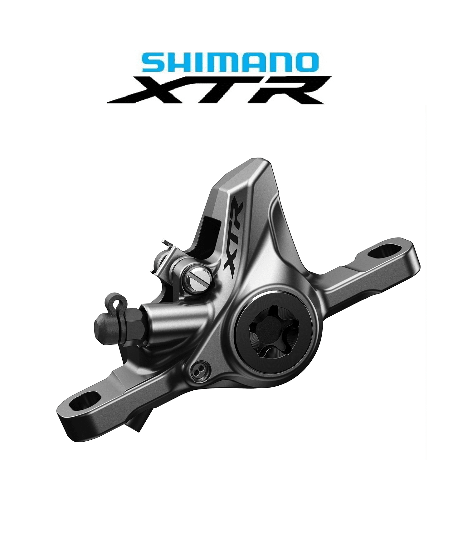 skivbromsok-shimano-xtr-br-m9100.png Detaljerad bild av ett Shimano XTR BR-M9100 skivbromsok. Slät metallyta fångar ljuset, med fokus på dess konstruktion och design. Logotypen "Shimano XTR" syns tydligt ovanför.
