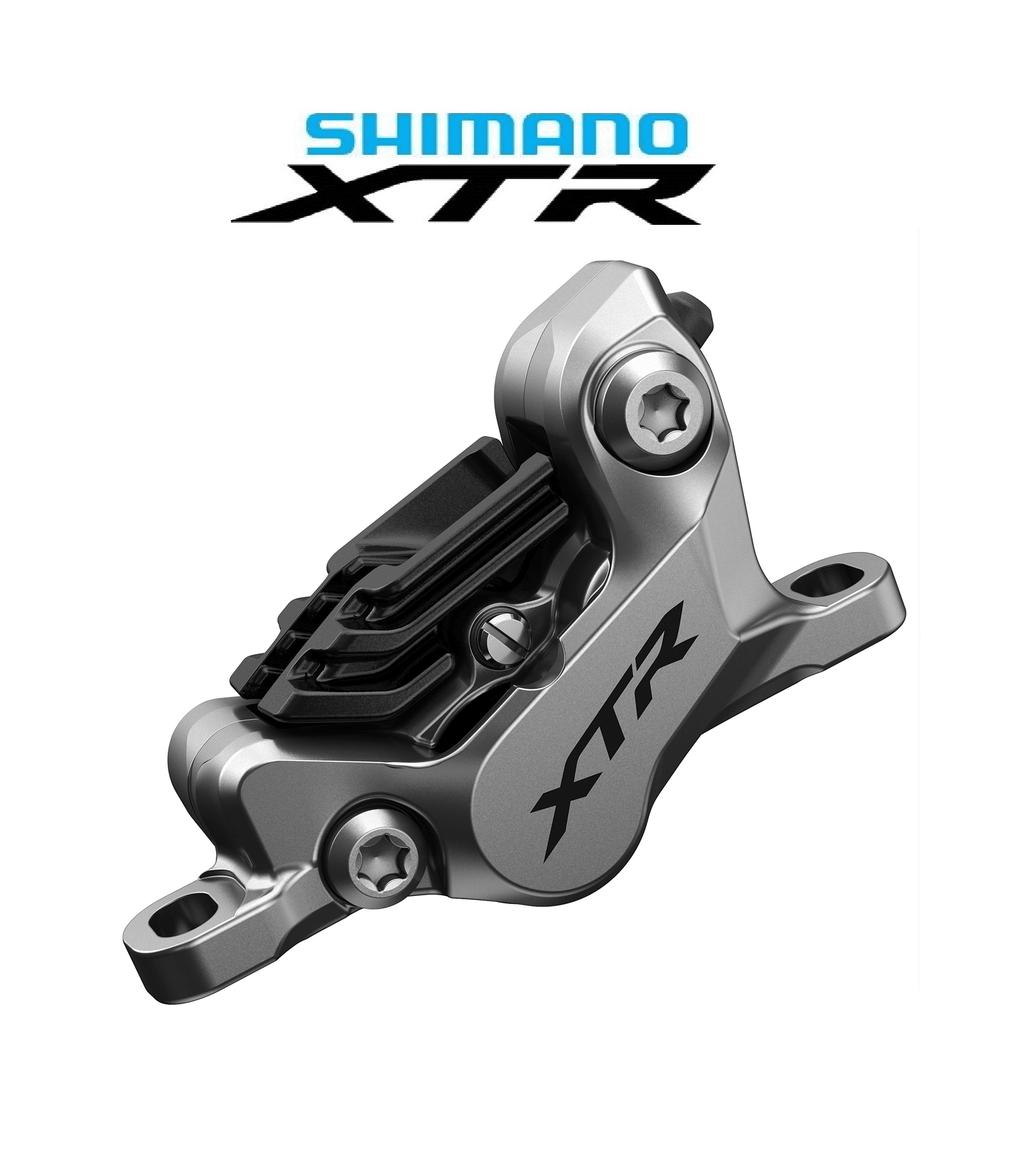 skivbromsok-shimano-xtr-br-m9120.png Detaljerad bild av ett Shimano XTR BR-M9120 skivbromsok i silvergrått, fram och bak. Stark belysning framhäver de exakta linjerna och materialens textur.