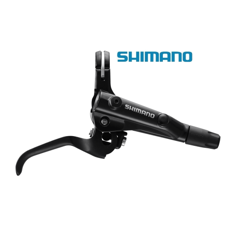 Ett Shimano BL-MT501 skivbromsreglage visas i detalj mot en vit bakgrund. Det mattsvarta reglaget framhävs av studioljuset, vilket betonar dess design och Shimano logotyp.