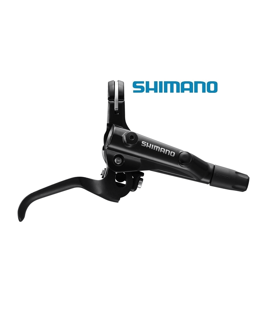 skivbromsreglage-shimano-bl-mt501.png Ett Shimano BL-MT501 skivbromsreglage visas i detalj mot en vit bakgrund. Det mattsvarta reglaget framhävs av studioljuset, vilket betonar dess design och Shimano logotyp.