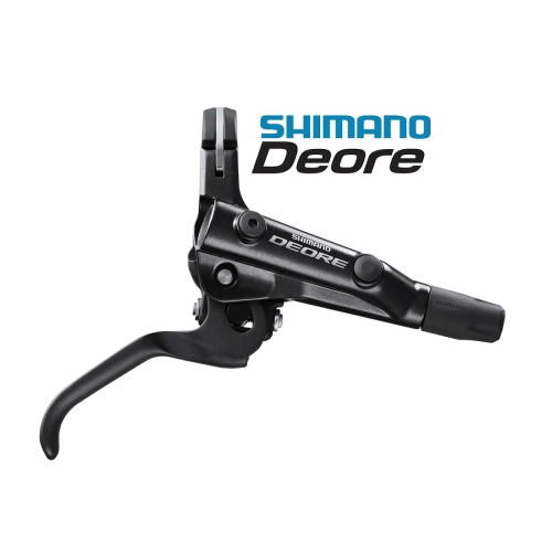 Svart Shimano Deore BL-M6000 skivbromsreglage mot en vit bakgrund. Fokuserat ljus framhäver produktens detaljer och texten "SHIMANO Deore".