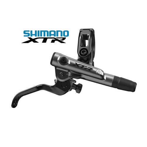 Detaljerad bild av ett Shimano XTR BL-M9120 skivbromsreglage, med fokus på den grå metalliska ytan och de svarta detaljerna. Stark belysning framhäver produktens höga kvalitet.