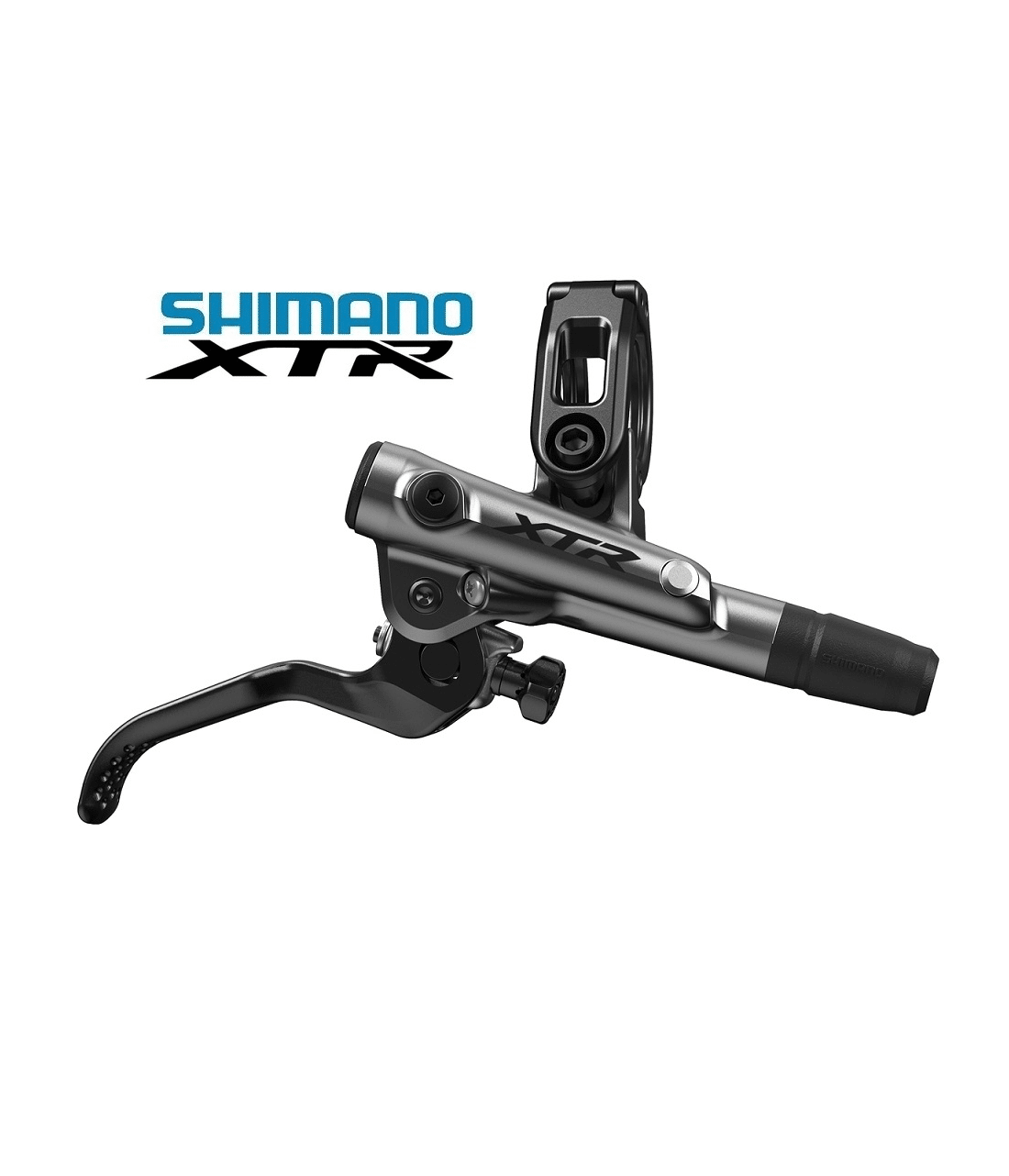 skivbromsreglage-shimano-xtr-bl-m9120.png Detaljerad bild av ett Shimano XTR BL-M9120 skivbromsreglage, med fokus på den grå metalliska ytan och de svarta detaljerna. Stark belysning framhäver produktens höga kvalitet.