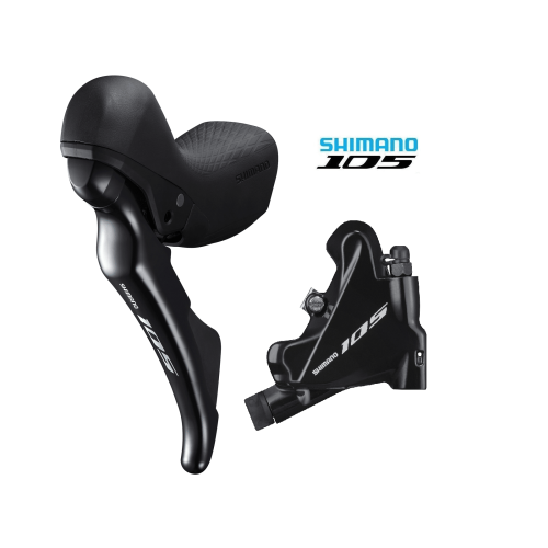 Svarta Shimano 105 R7020 skivbromsar för cykel, fram och bak, med 2x11 växlar. Produktfotot utstrålar hög kvalitet och precision, med skarpa detaljer och professionell belysning.