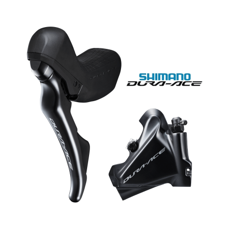 Shimano Dura-Ace R9120 skivbroms set, fram och bak, 2x11s. Detaljerad bild av bromshandtag och hydraulisk enhet i blankt svart mot en ren, vit bakgrund under starkt ljus.