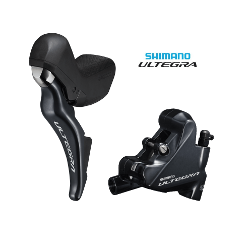 Ett detaljrikt foto av ett Shimano Ultegra R8025 skivbromsset. Belysningen framhäver de mörka, metalliska komponenterna och den skarpa "Ultegra" logotypen.