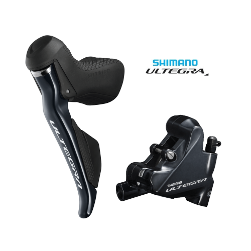 Svarta Shimano Ultegra R8070 Di2 skivbromsar för fram och bak, elegant presenterade mot en ren, vit bakgrund med varumärkeslogotypen framträdande.