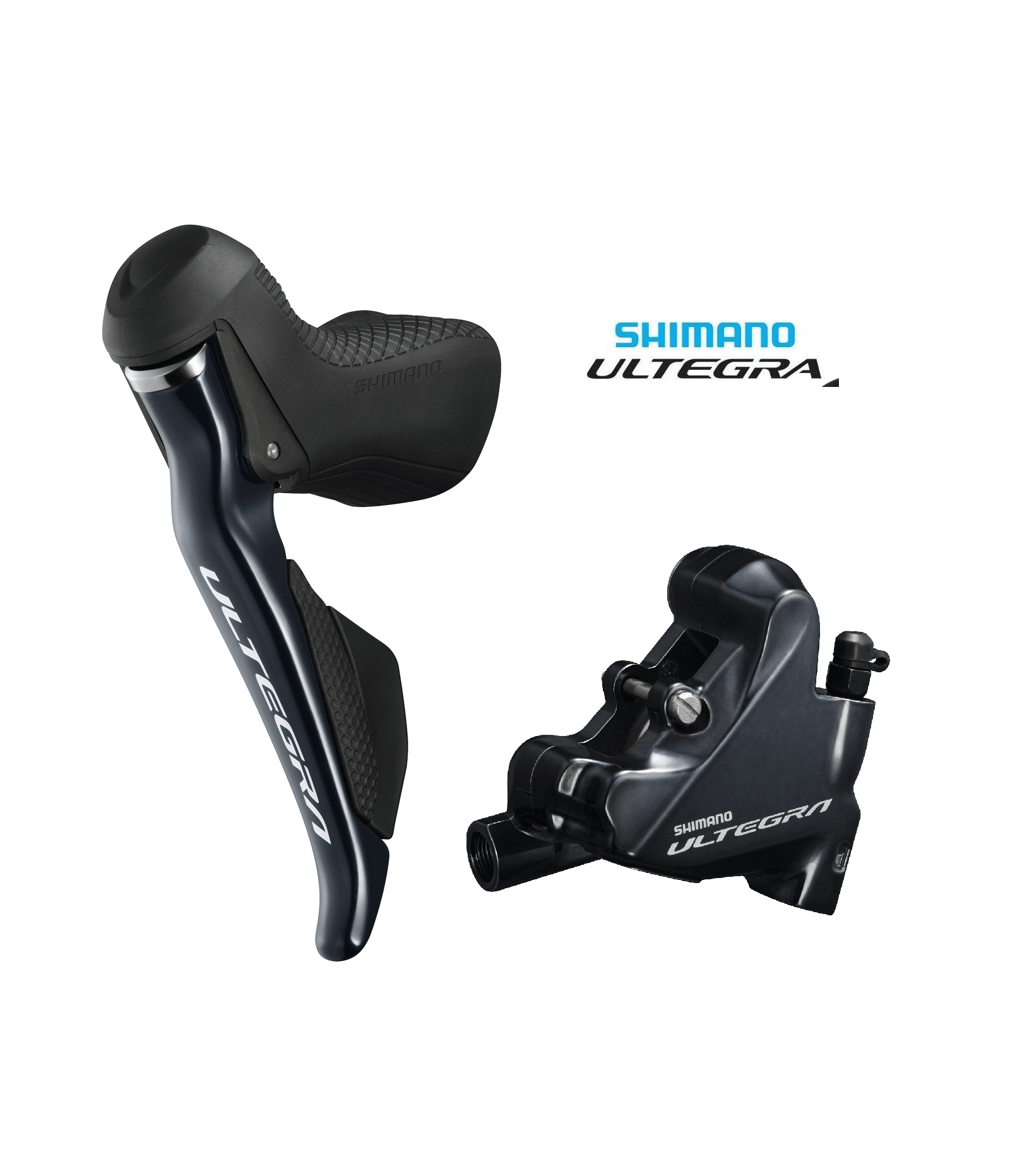 skivbromsset-shimano-ultegra-r8070-di2.png Svarta Shimano Ultegra R8070 Di2 skivbromsar för fram och bak, elegant presenterade mot en ren, vit bakgrund med varumärkeslogotypen framträdande.
