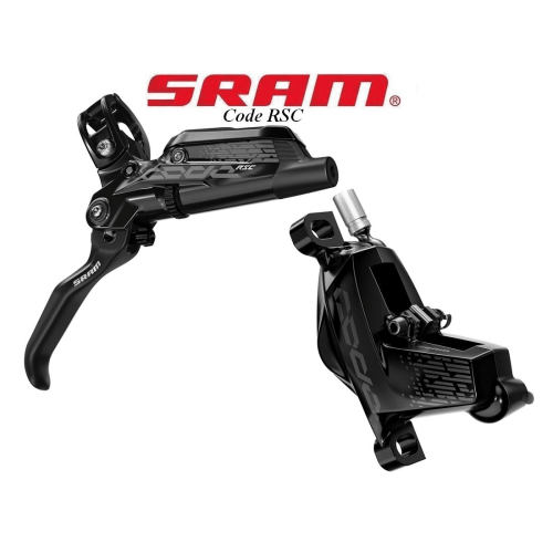 Svart skivbromsset Sram Code RSC för fram och bak, avbildat i detalj mot en ren vit bakgrund med stark belysning som framhäver produktens konturer och textur.