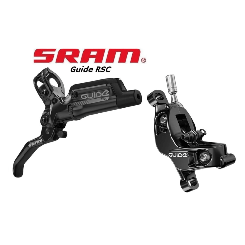 Svarta skivbromsar Sram G2 RSC, fram och bak, i detaljrik presentation med mjuk belysning och fokus på produktens form och textur mot en ren, vit bakgrund.