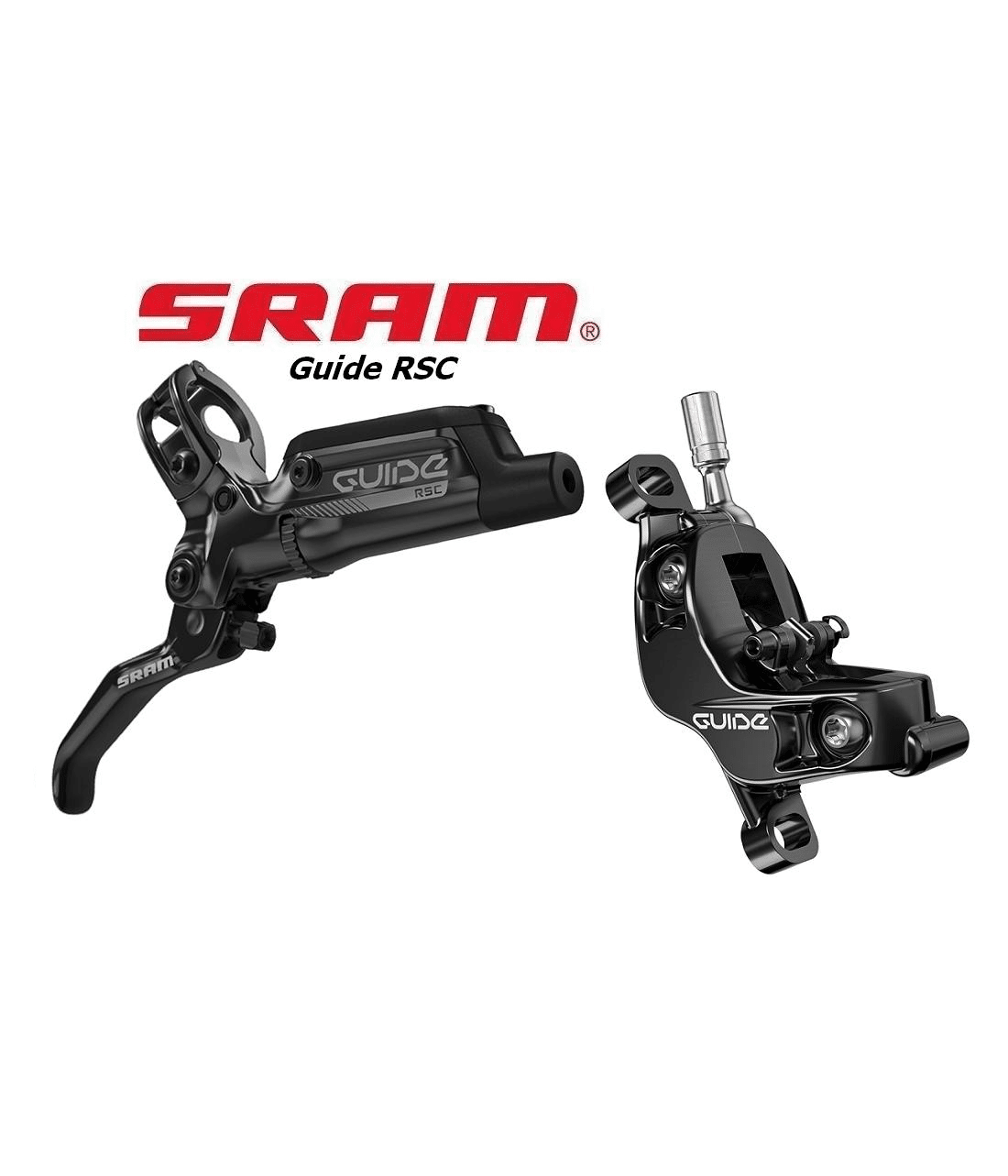skivbromsset-sram-guide-rsc-svart.png Svarta skivbromsar Sram G2 RSC, fram och bak, i detaljrik presentation med mjuk belysning och fokus på produktens form och textur mot en ren, vit bakgrund.