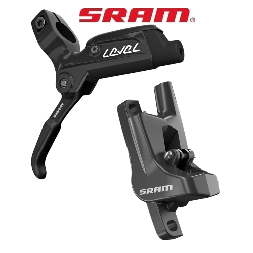 Detaljerat foto av ett SRAM Level skivbromsset i svart mot vit bakgrund. Fokus på de släta ytorna, exakt precision och den skarpa belysningen som framhäver bromsens konturer.