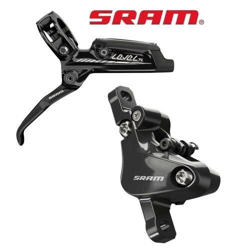 Närbild av ett svart skivbromsset SRAM Level TL, fram och bak, med fokus på detaljer som skruvar och logotyper. En professionell produktbild med ljusa highlights på blanka ytor.