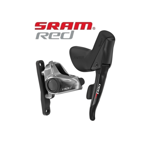Detaljrik bild av ett hydrauliskt skivbromsset Sram Red 22 Disc, 2x11s. Silverfärgad bromsok och svart bromshandtag. Logotypen SRAM RED framträder tydligt mot en ljus bakgrund.