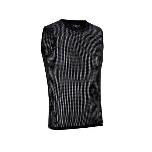 GripGrab Superlight Mesh underställströja, ett ärmlöst svart underställ med rund halsringning och formsydd, perforerad meshdesign, visas mot en vit bakgrund.