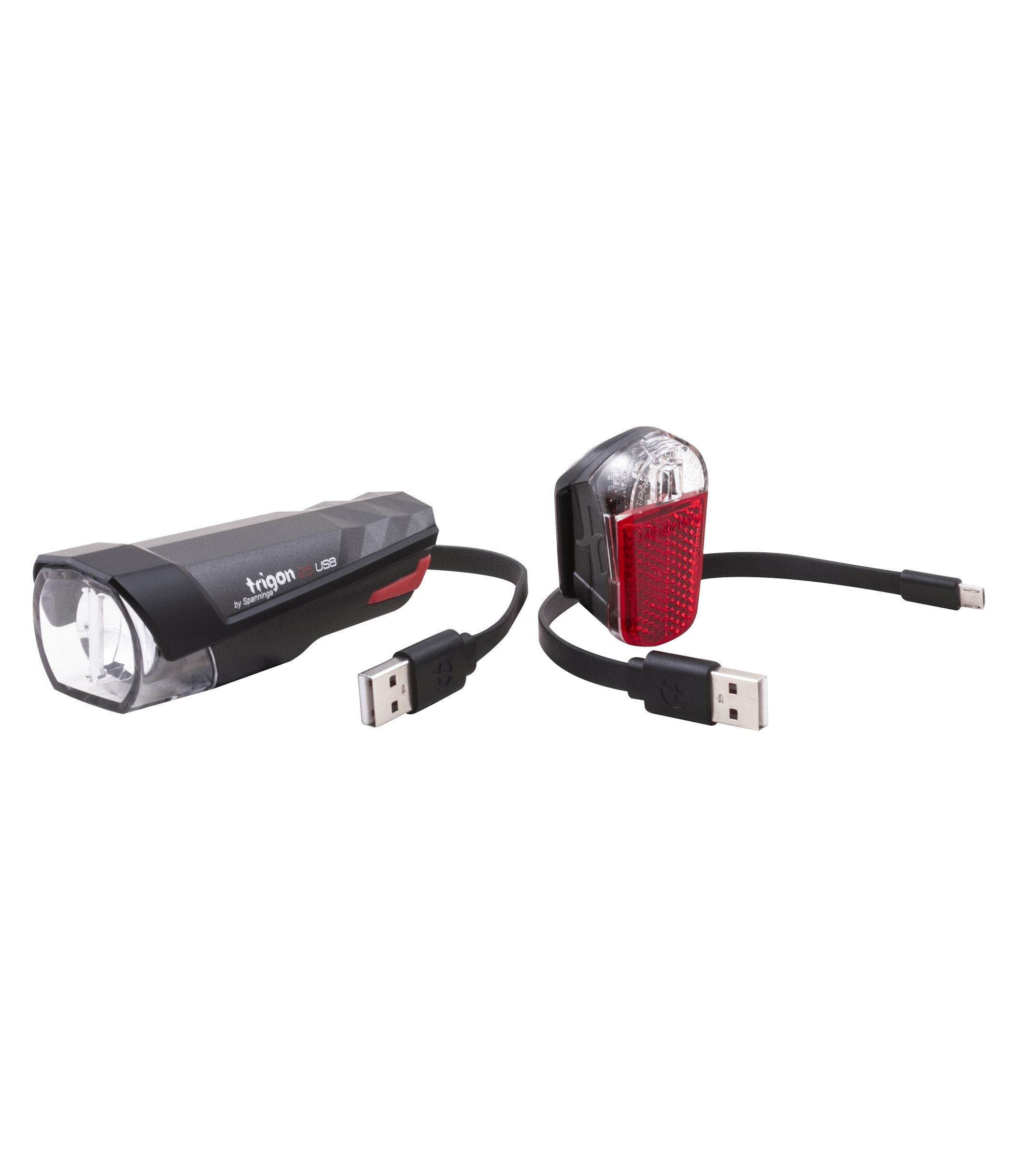 spanninga.trigon.pyro_.png Belysningsset Spanninga Trigon 25 + Pyro set, med en svart och silverfärgad framlykta och en röd baklykta med USB-laddningskablar, visas på en vit bakgrund.