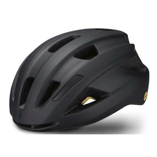Hjälm Specialized Align II Mips i mattsvart har flera ventilationsöppningar, en aerodynamisk design och en gul cirkulär logotyp baktill. Bilden är tagen från sidan mot en vit bakgrund.