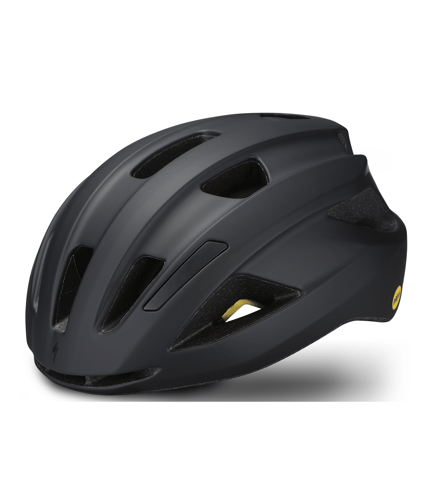 specialized-algin-ii-mips-sport.png Hjälm Specialized Align II Mips i mattsvart har flera ventilationsöppningar, en aerodynamisk design och en gul cirkulär logotyp baktill. Bilden är tagen från sidan mot en vit bakgrund.