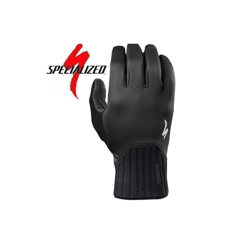 En svart Specialized Deflect vinterhandske visas upprätt med handflatan vänd bort, med den vita Specialized-logotypen på baksidan, en ribbad handledsmanschett och Specialized-varumärket och den röda logotypen ovanför på en vit bakgrund.
